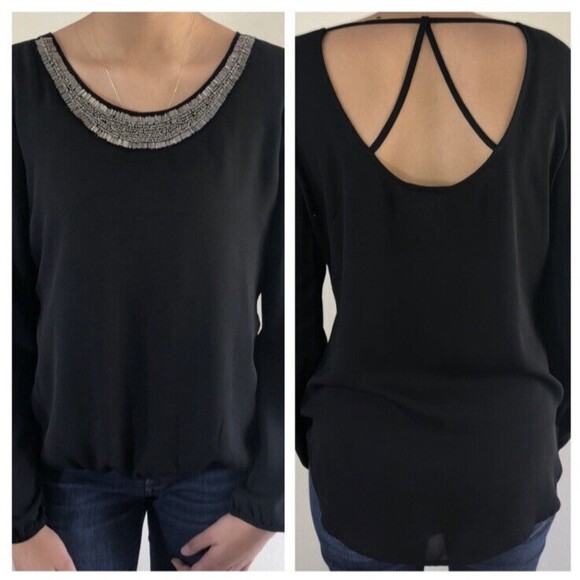 Stoosh Embellished Top Size S Cut Out Back Long Sleeve Silver Beading Neck Black - Picture 1 of 8